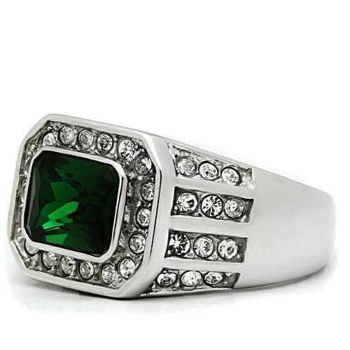 High polished (no plating) Stainless Steel Ring with Synthetic Synthetic Glass in Emerald