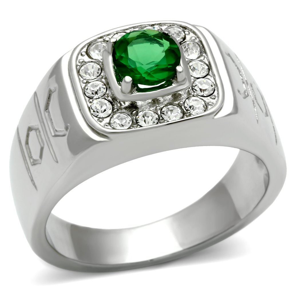 High polished (no plating) Stainless Steel Ring with Synthetic Synthetic Glass in Emerald
