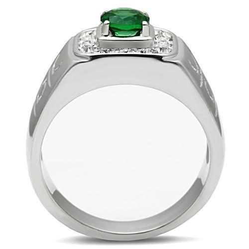 High polished (no plating) Stainless Steel Ring with Synthetic Synthetic Glass in Emerald