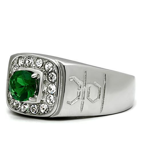 High polished (no plating) Stainless Steel Ring with Synthetic Synthetic Glass in Emerald