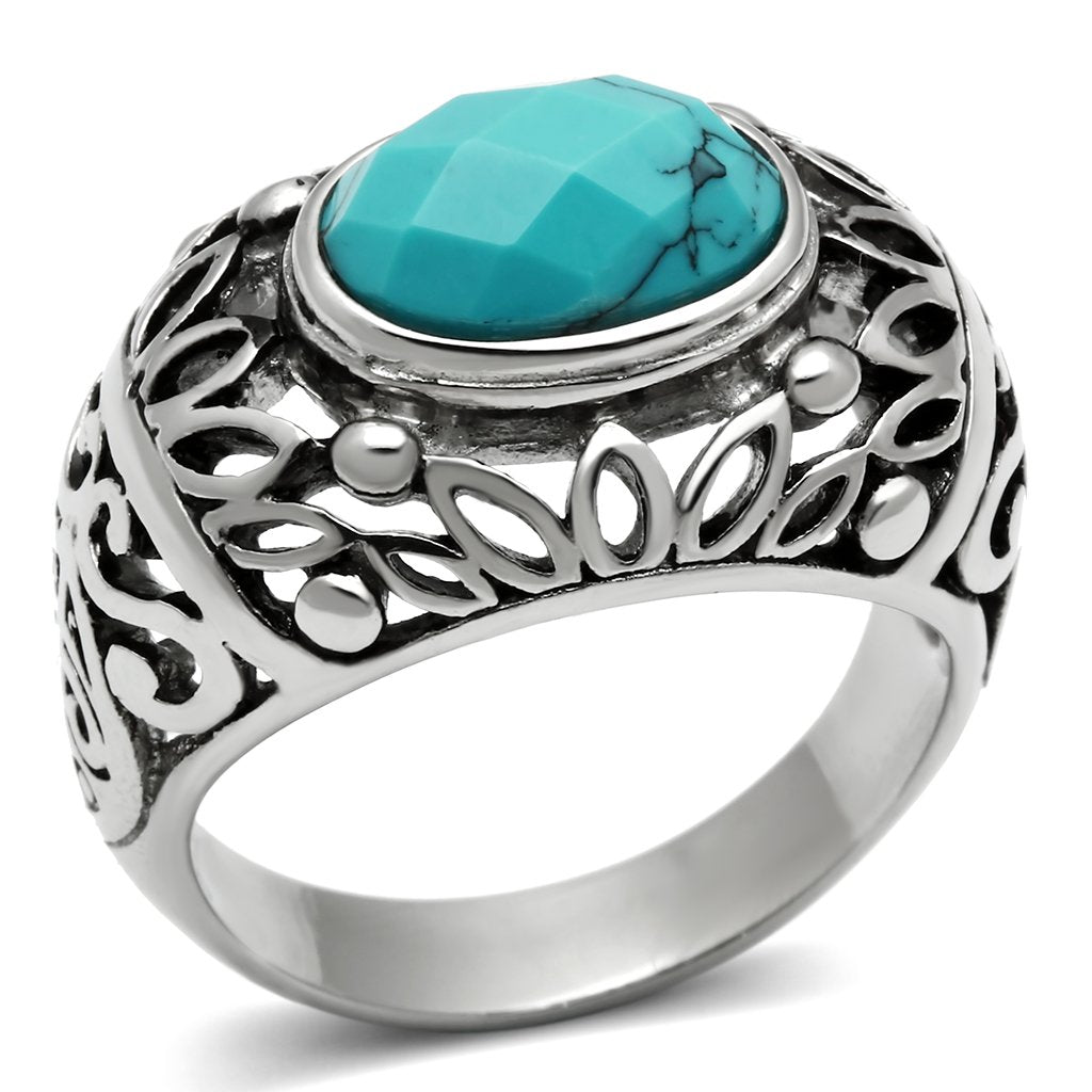 High polished (no plating) Stainless Steel Ring with Synthetic Turquoise in Sea Blue