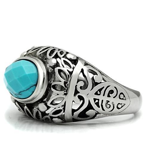 High polished (no plating) Stainless Steel Ring with Synthetic Turquoise in Sea Blue