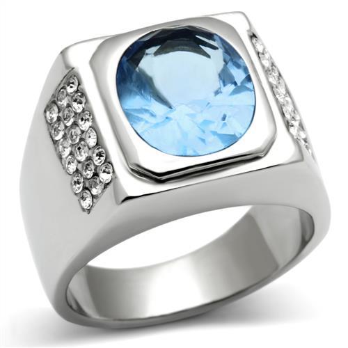 High polished (no plating) Stainless Steel Ring with Synthetic Synthetic Glass in Light Sapphire