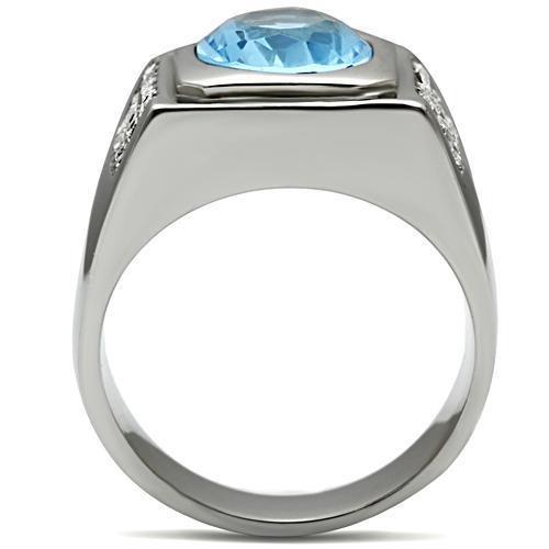 High polished (no plating) Stainless Steel Ring with Synthetic Synthetic Glass in Light Sapphire