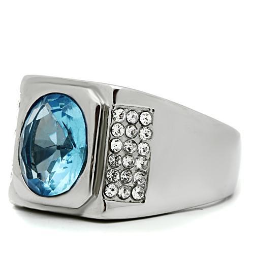 High polished (no plating) Stainless Steel Ring with Synthetic Synthetic Glass in Light Sapphire