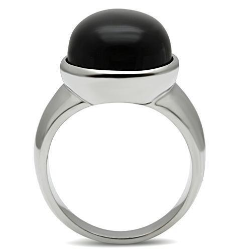 High polished (no plating) Stainless Steel Ring with Semi-Precious Onyx in Jet