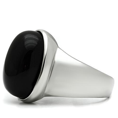 High polished (no plating) Stainless Steel Ring with Semi-Precious Onyx in Jet