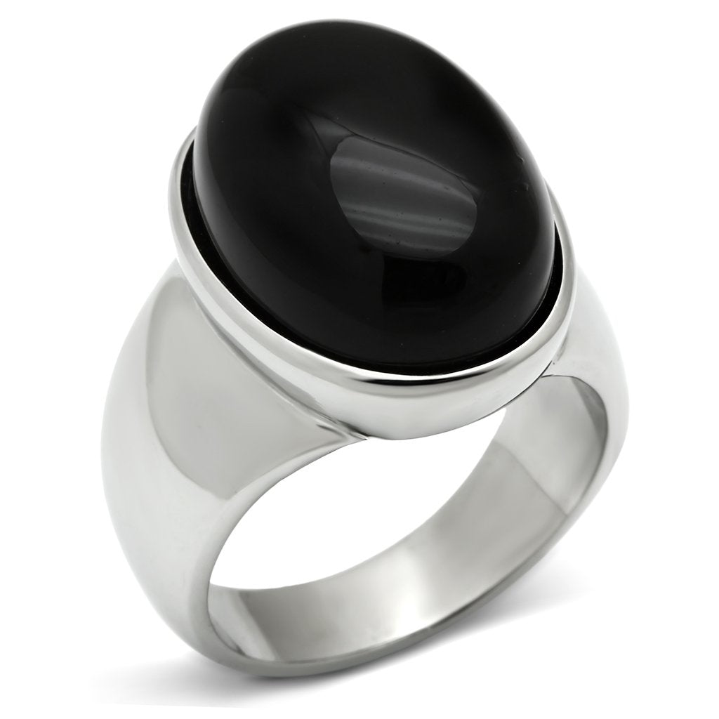 High polished (no plating) Stainless Steel Ring with Semi-Precious Onyx in Jet