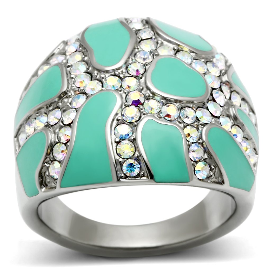 High polished (no plating) Stainless Steel Ring with Top Grade Crystal  in Aurora Borealis (Rainbow Effect)