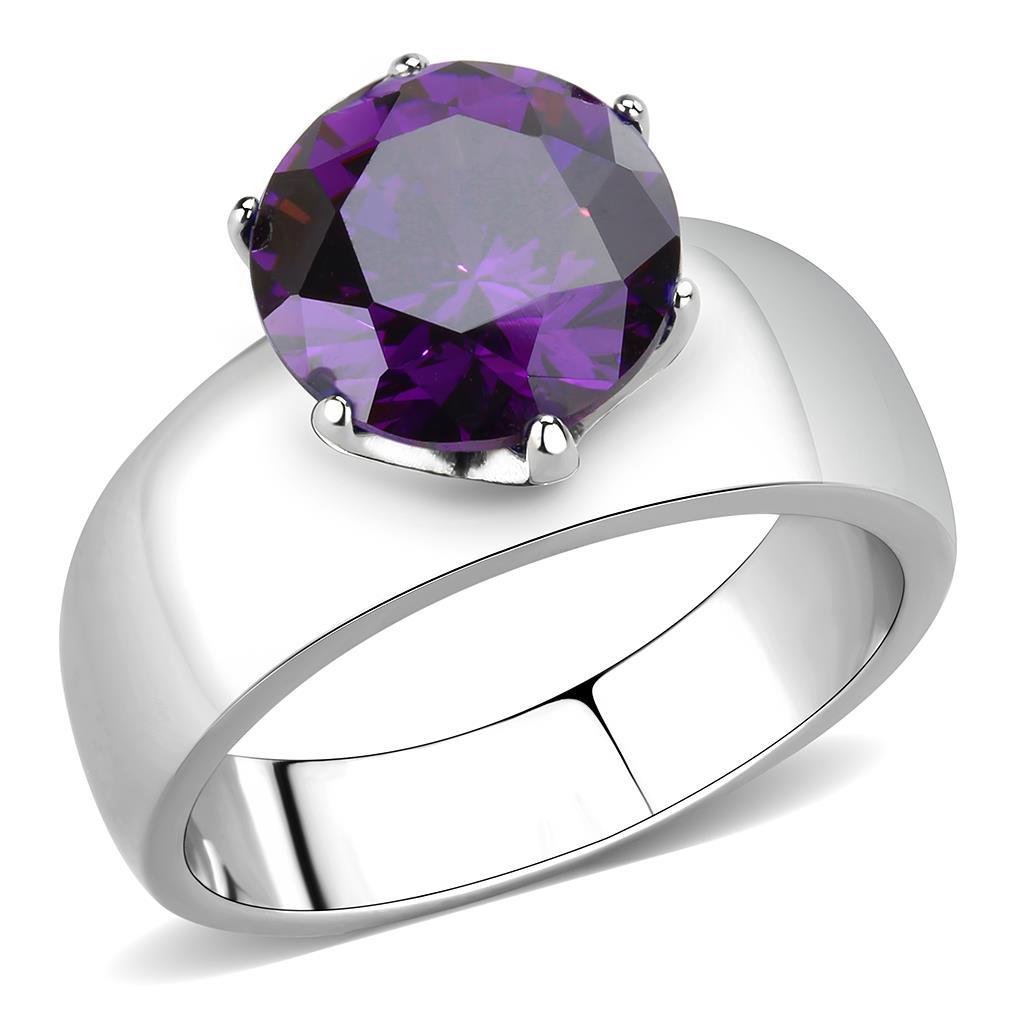 High polished (no plating) Stainless Steel Ring with AAA Grade CZ  in Amethyst