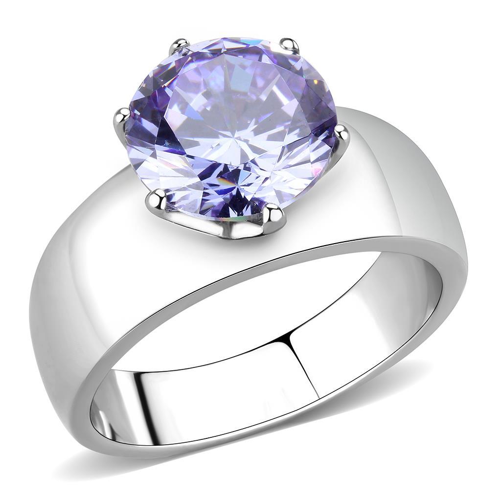 High polished (no plating) Stainless Steel Ring with AAA Grade CZ  in Light Amethyst