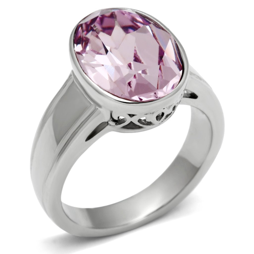 High polished (no plating) Stainless Steel Ring with Top Grade Crystal  in Light Amethyst