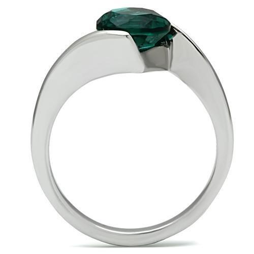 High polished (no plating) Stainless Steel Ring with Synthetic Synthetic Glass in Blue Zircon