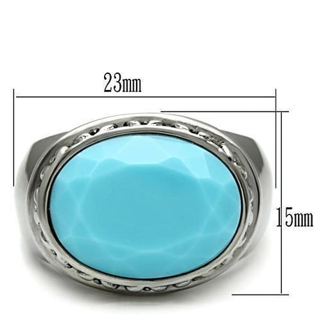 High polished (no plating) Stainless Steel Ring with Synthetic Synthetic Glass in Sea Blue