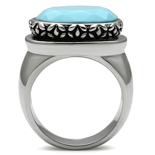 High polished (no plating) Stainless Steel Ring with Synthetic Synthetic Glass in Sea Blue