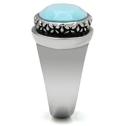 High polished (no plating) Stainless Steel Ring with Synthetic Synthetic Glass in Sea Blue