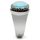 High polished (no plating) Stainless Steel Ring with Synthetic Synthetic Glass in Sea Blue