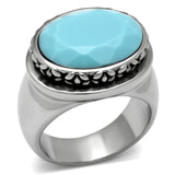 High polished (no plating) Stainless Steel Ring with Synthetic Synthetic Glass in Sea Blue