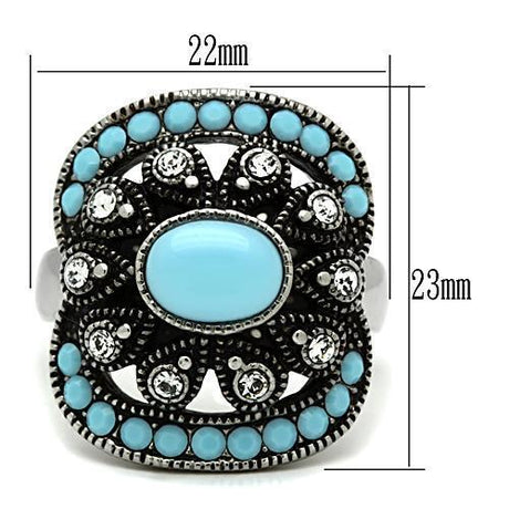 High polished (no plating) Stainless Steel Ring with Synthetic Synthetic Glass in Sea Blue