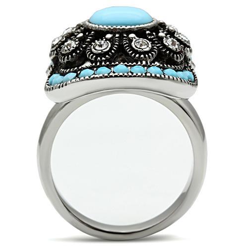 High polished (no plating) Stainless Steel Ring with Synthetic Synthetic Glass in Sea Blue