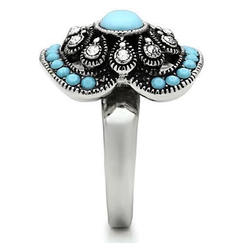 High polished (no plating) Stainless Steel Ring with Synthetic Synthetic Glass in Sea Blue