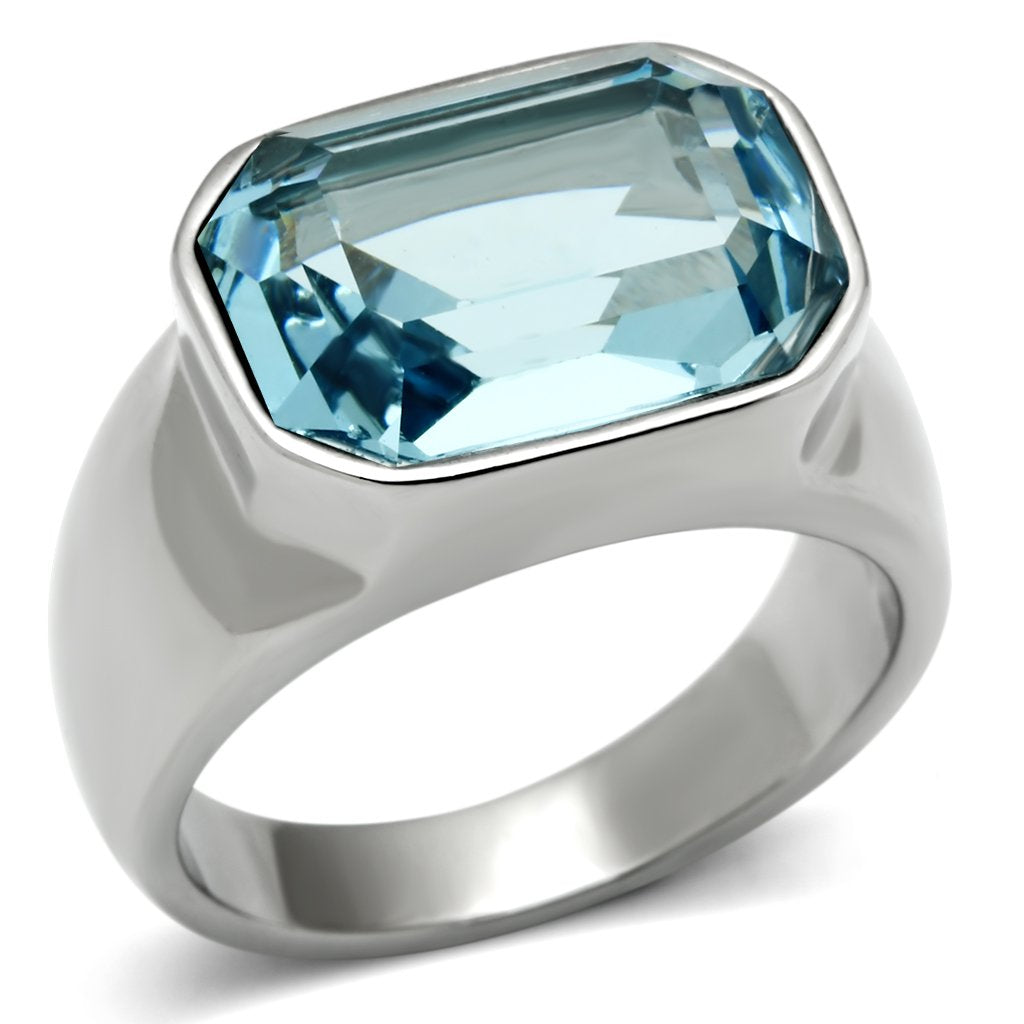 High polished (no plating) Stainless Steel Ring with Top Grade Crystal  in Sea Blue
