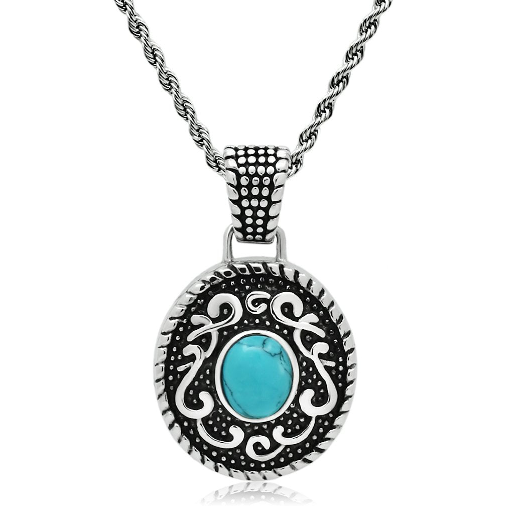 High polished (no plating) Stainless Steel Necklace with Synthetic Turquoise in Sea Blue