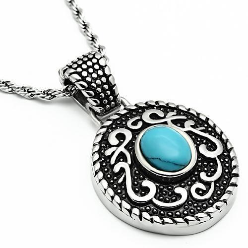 High polished (no plating) Stainless Steel Necklace with Synthetic Turquoise in Sea Blue