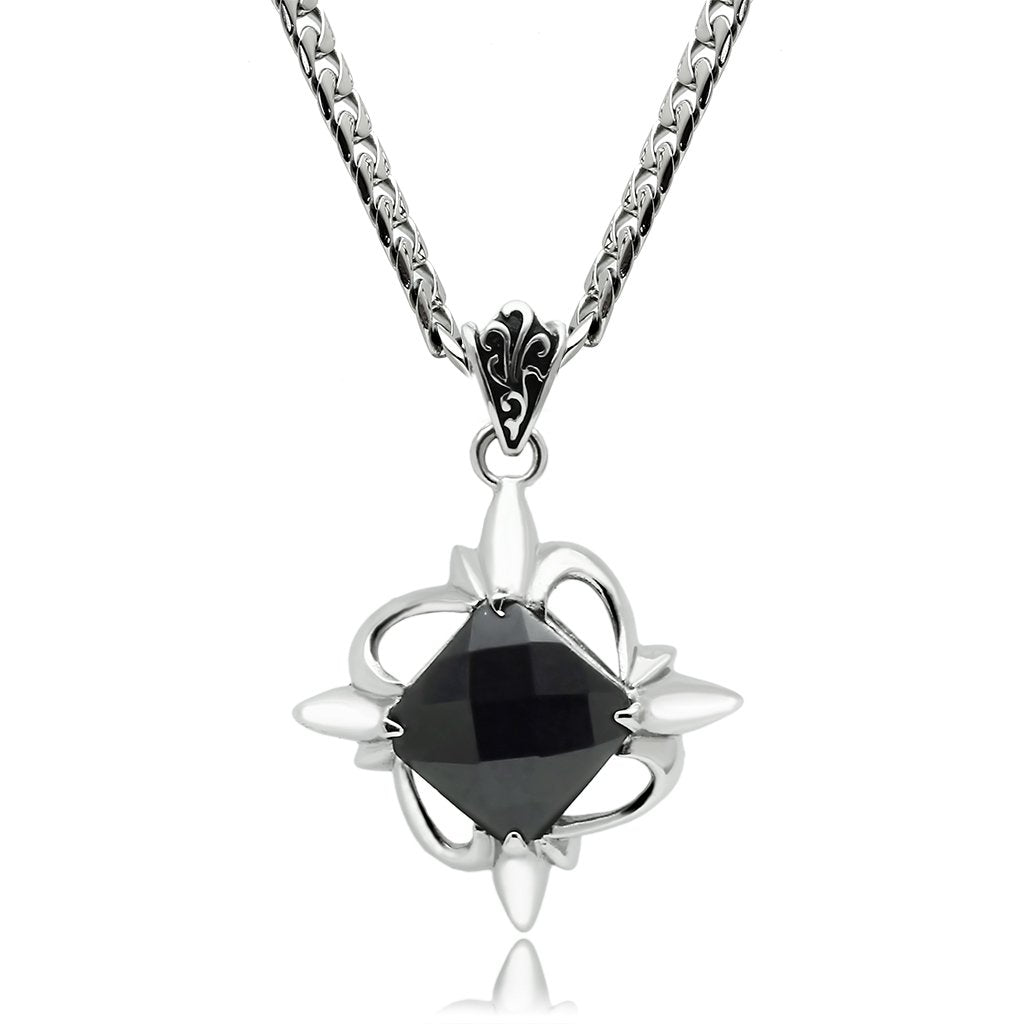 High polished (no plating) Stainless Steel Chain Pendant with Synthetic Onyx in Jet
