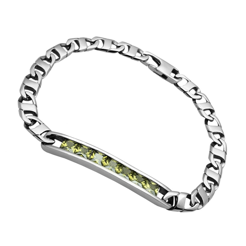 High polished (no plating) Stainless Steel Bracelet with AAA Grade CZ  in Olivine color