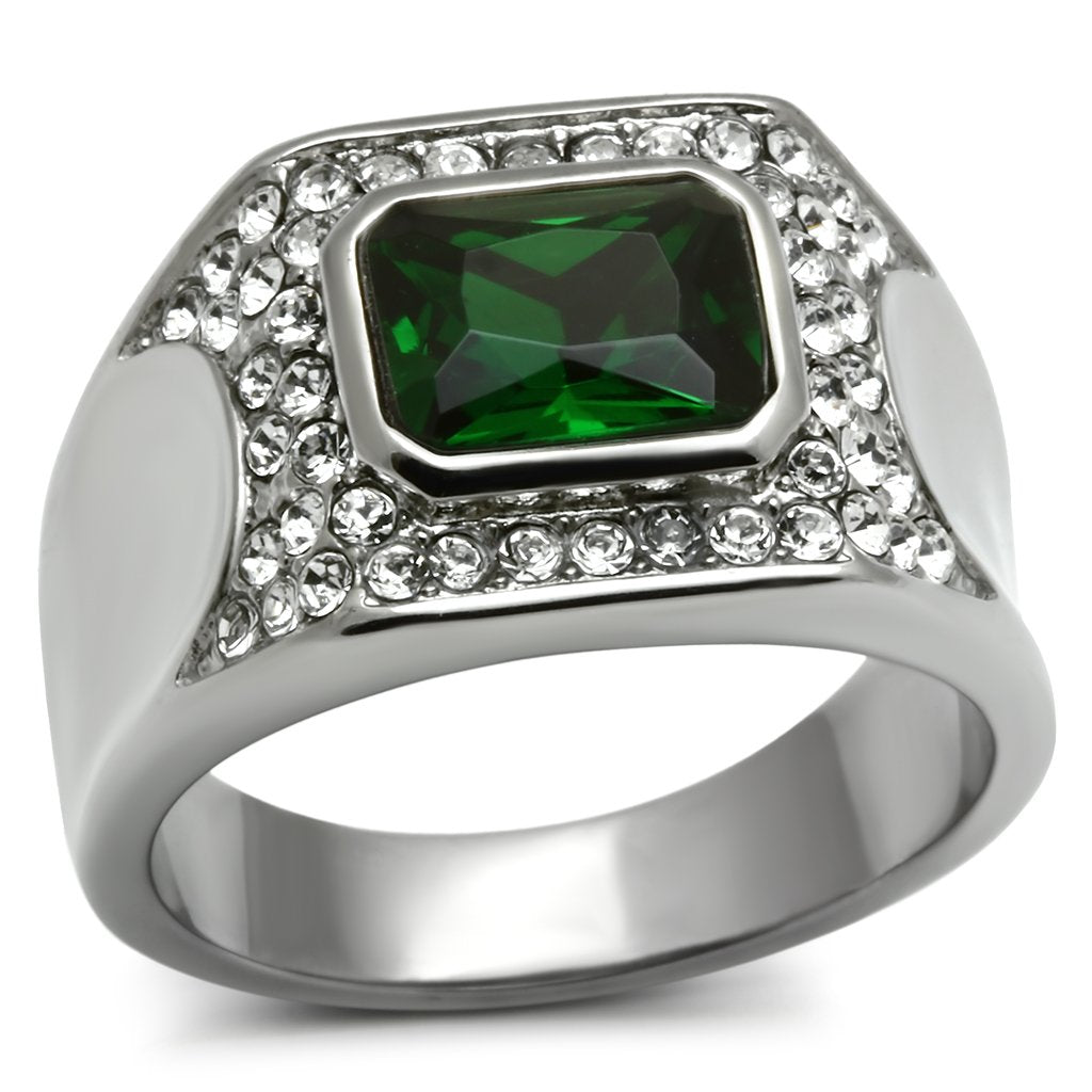 High polished (no plating) Stainless Steel Ring with Synthetic Synthetic Glass in Emerald