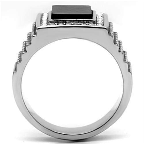 High polished (no plating) Stainless Steel Ring with Synthetic Synthetic Stone in Jet
