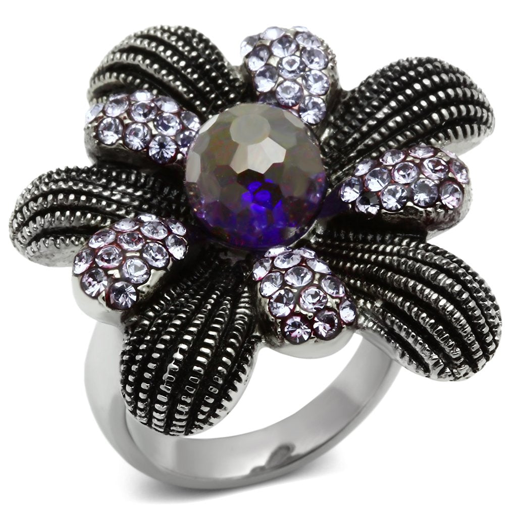 High polished (no plating) Stainless Steel Ring with Synthetic Synthetic Glass in Amethyst