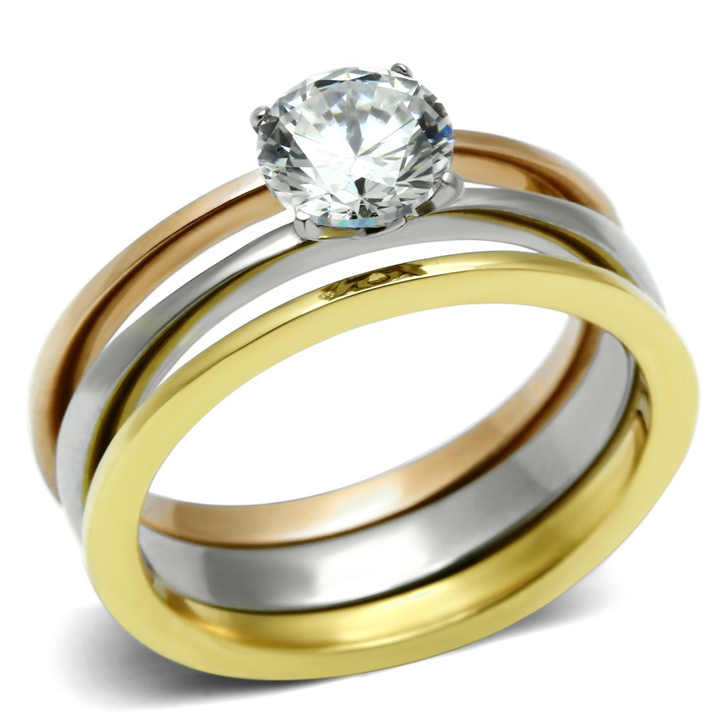 Three-Tone IP Stainless Steel Ring with AAA Grade CZ  in Clear