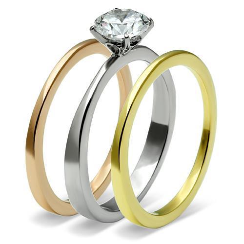 Three-Tone IP Stainless Steel Ring with AAA Grade CZ  in Clear