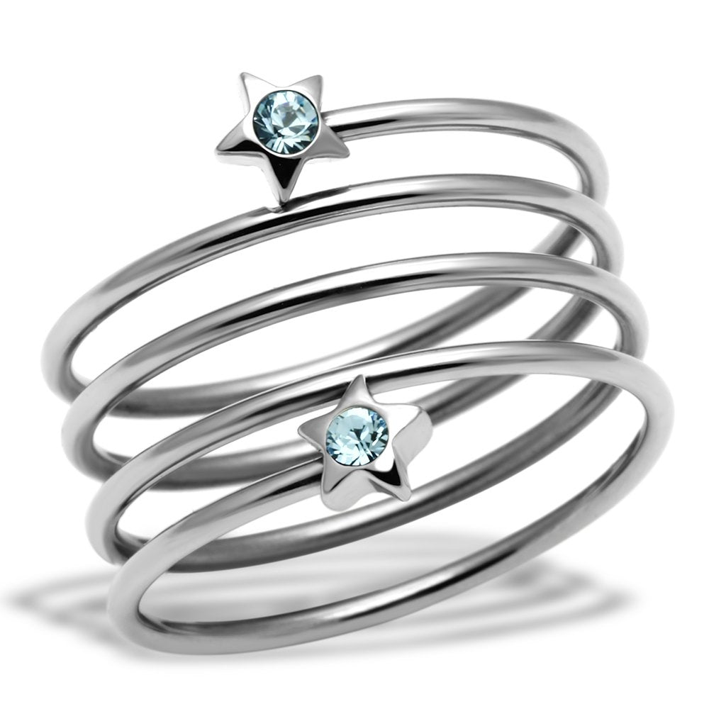 High polished (no plating) Stainless Steel Ring with Top Grade Crystal  in Sea Blue