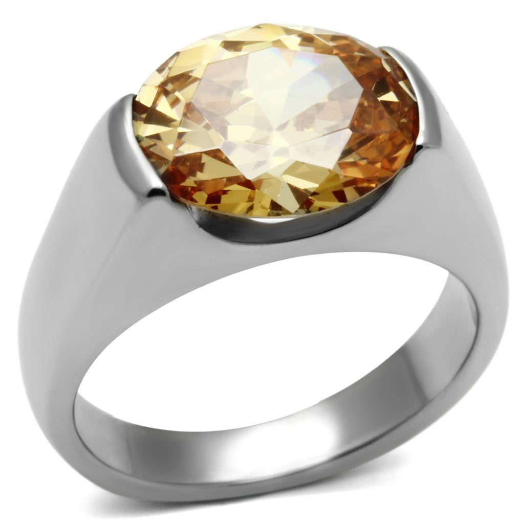 High polished (no plating) Stainless Steel Ring with AAA Grade CZ  in Champagne