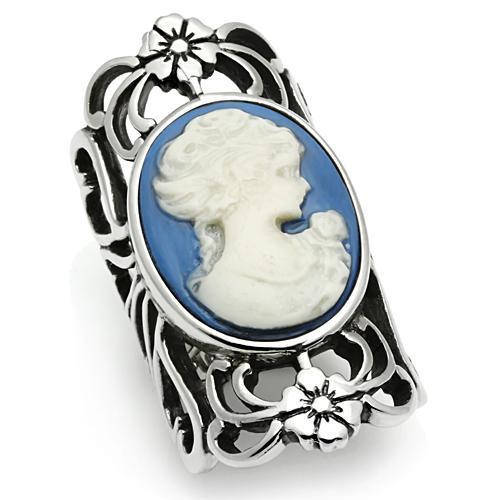 High polished (no plating) Stainless Steel Ring with Synthetic Synthetic Stone in Capri Blue