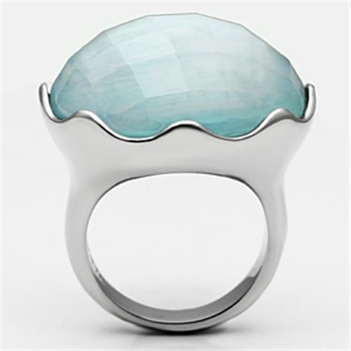 High polished (no plating) Stainless Steel Ring with Synthetic Synthetic Glass in Sea Blue