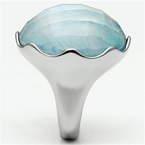 High polished (no plating) Stainless Steel Ring with Synthetic Synthetic Glass in Sea Blue
