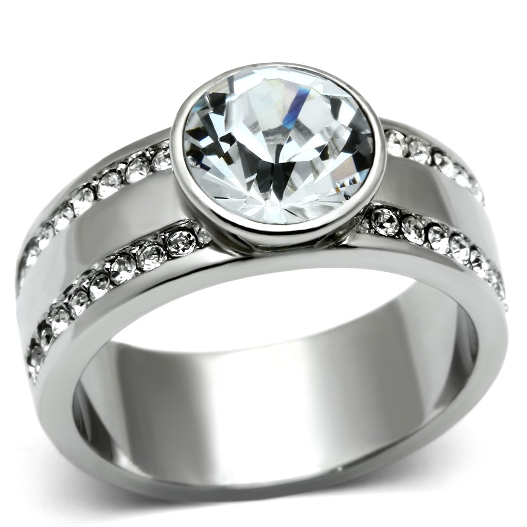 High polished (no plating) Stainless Steel Ring with Top Grade Crystal  in Clear