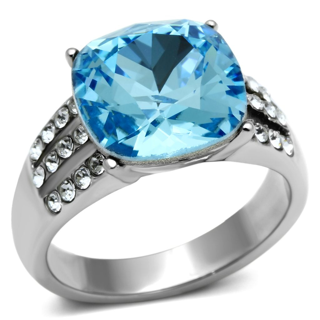 High polished (no plating) Stainless Steel Ring with Top Grade Crystal  in Sea Blue