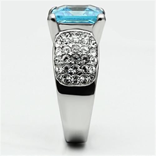 High polished (no plating) Stainless Steel Ring with Top Grade Crystal  in Sea Blue