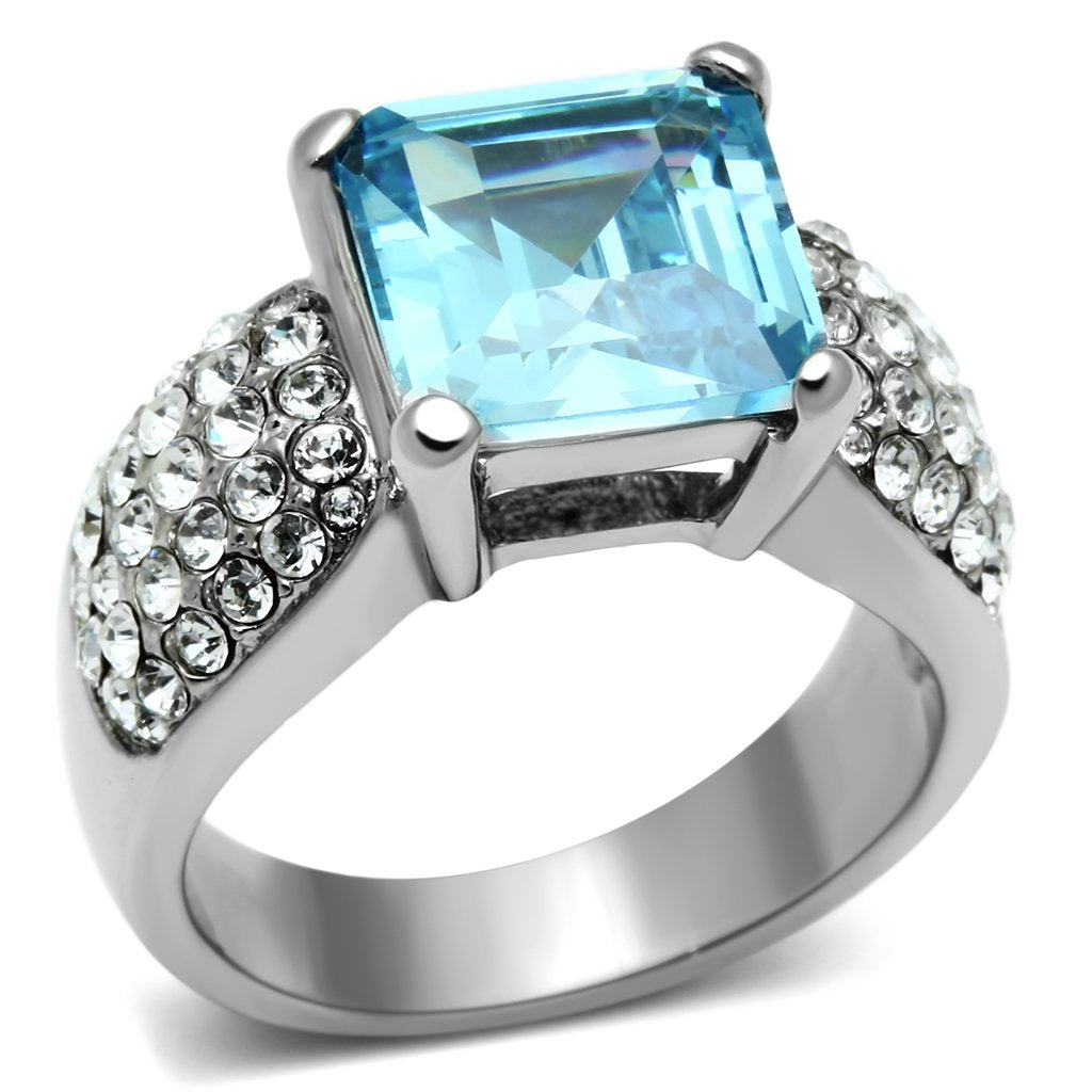 High polished (no plating) Stainless Steel Ring with Top Grade Crystal  in Sea Blue