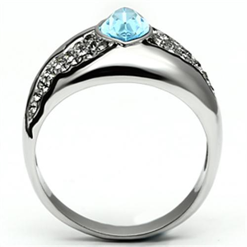 High polished (no plating) Stainless Steel Ring with Top Grade Crystal  in Sea Blue