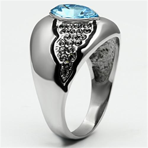 High polished (no plating) Stainless Steel Ring with Top Grade Crystal  in Sea Blue