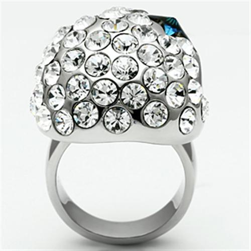High polished (no plating) Stainless Steel Ring with Top Grade Crystal  in Capri Blue