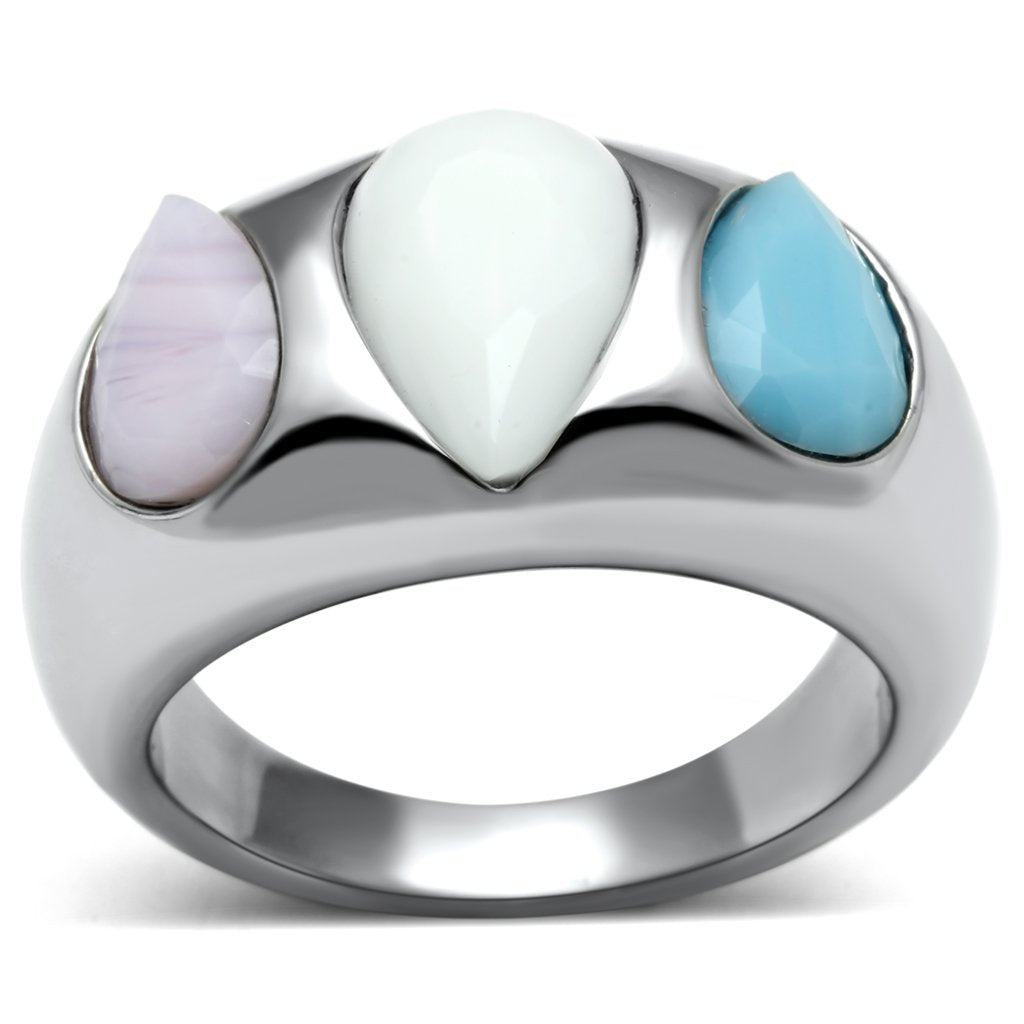 High polished (no plating) Stainless Steel Ring with Synthetic Synthetic Glass in Multi Color