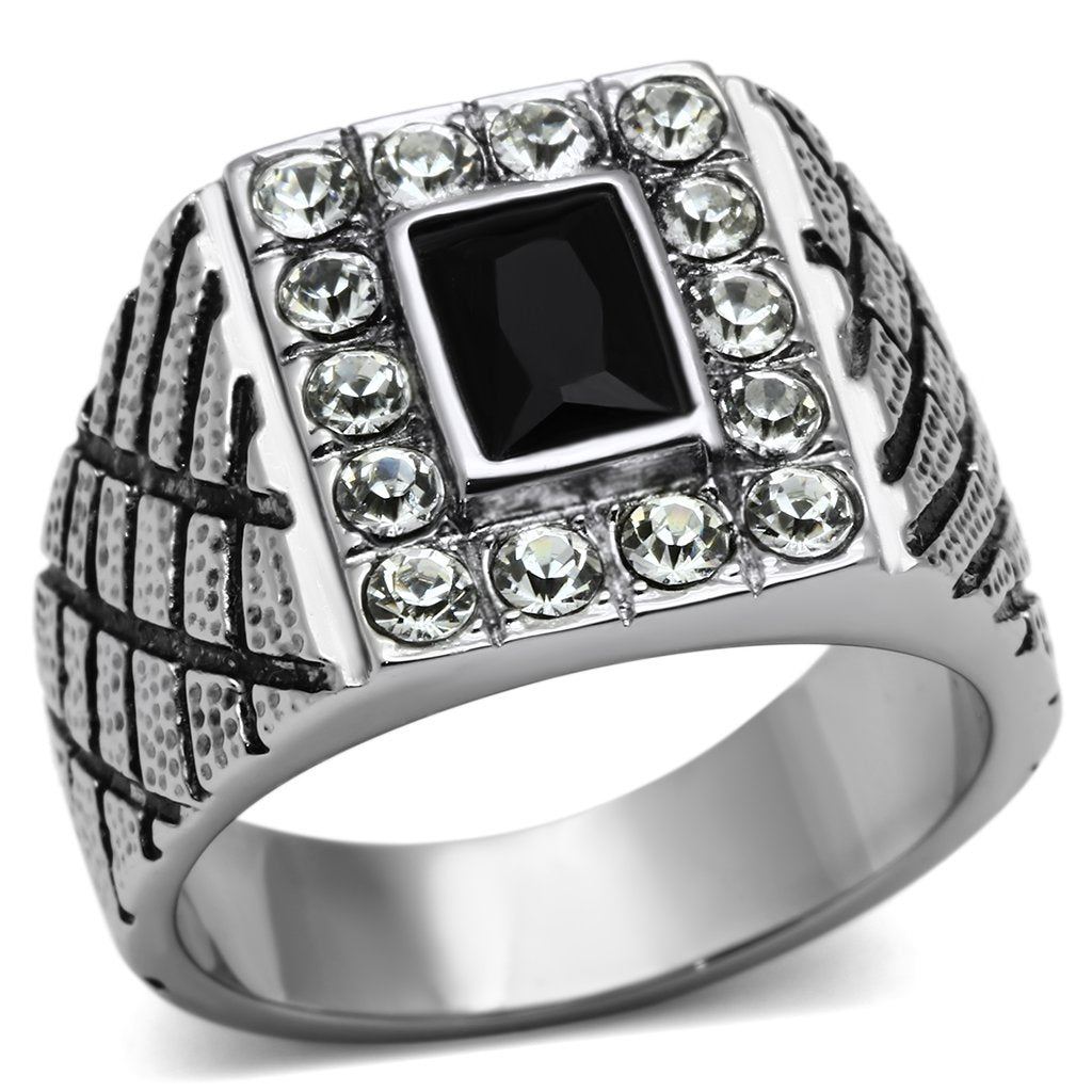 High polished (no plating) Stainless Steel Ring with Synthetic Synthetic Glass in Jet