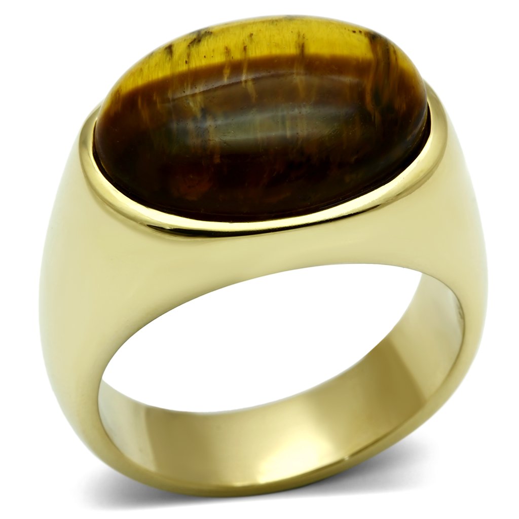 IP Gold(Ion Plating) Stainless Steel Ring with Synthetic Tiger Eye in Topaz